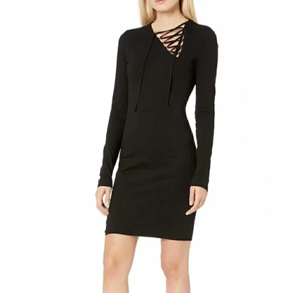 Pam & Gela Black Asymmetrical Lace-Up Detail Bodycon Mini Dress - Picture 2 of 7